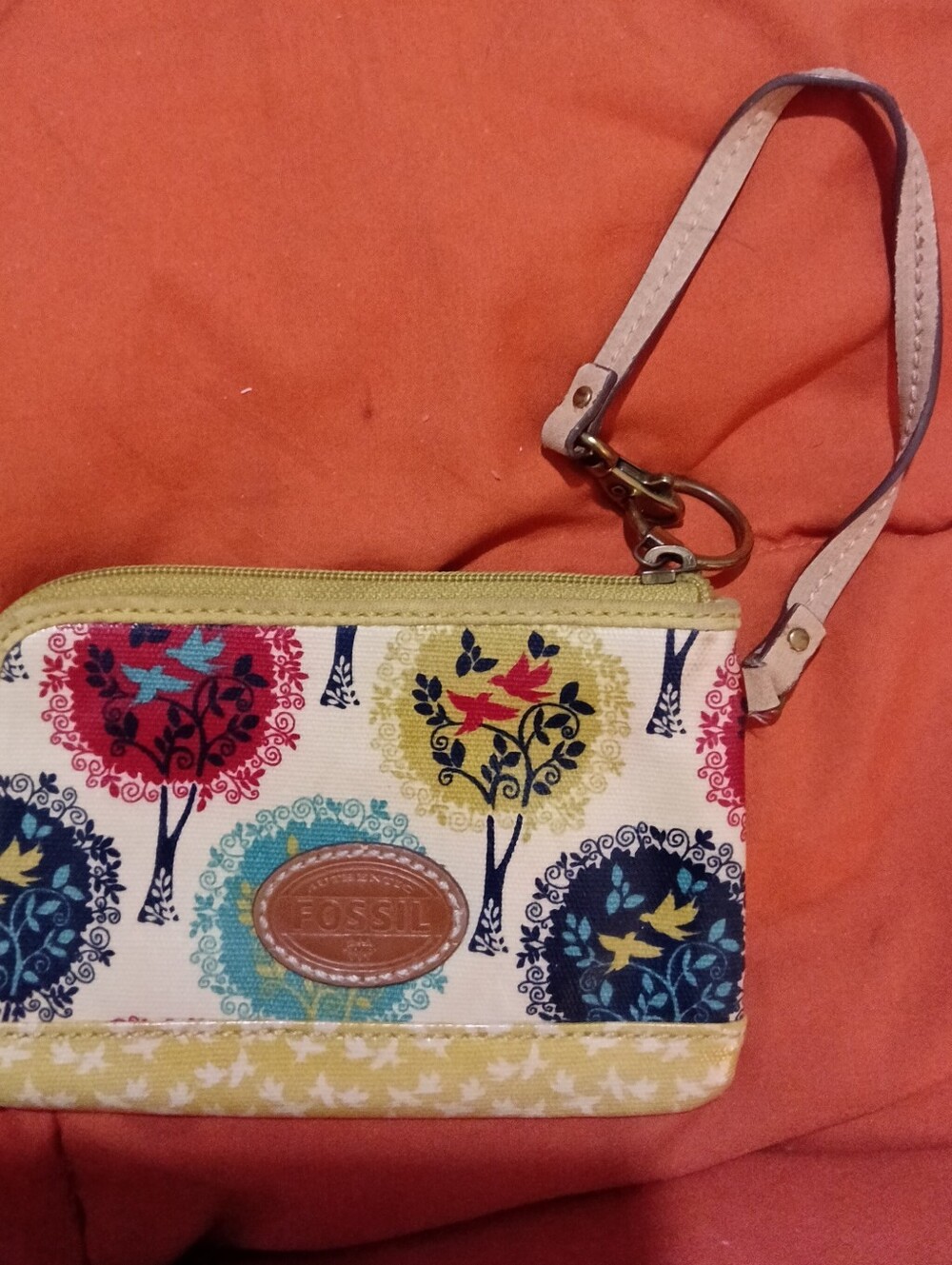 #5FW Fossil Multicolor Tree/Bird Print Wristlet with Yellow Trim